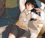  amagami arms_up ayatsuji_tsukasa bed black_eyes black_hair digital_media_player earbuds earphones long_hair lying non-web_source pillow skirt snowflakes solo sweater_vest takayama_kisai 