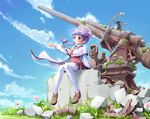  braid cannon cloud day flower haruka_ni_aogi_uruwashi_no hat legs long_hair moupii_(hitsuji_no_ki) overgrown pantyhose pulltop purple_eyes purple_hair ruins sitting sky solo takatsuki_tonoko white_legwear wind 