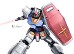  character_name commentary_request cross earth_federation emblem energy_sword fighting_stance gundam gundam_the_battle_master looking_at_viewer machinery mecha mecha_focus mobile_suit mobile_suit_gundam no_humans robot roundel rx-78-2 science_fiction shield sword tect v-fin weapon white_background yellow_eyes 