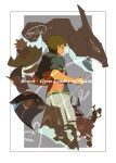  1boy absurdres blissey border brock_(pokemon) brown_hair cccacademia character_name clenched_hand closed_eyes closed_mouth comfey commentary_request croagunk crobat forretress geodude grey_background highres jacket ludicolo male_focus marshtomp onix pants pokemon pokemon_(anime) short_hair short_sleeves signature sudowoodo white_border 