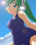  android ape_escape beach blue_eyes charu_(ape_escape) charu_(saru_getchu) green_hair lens_flare lensflare long_hair lowres one-piece_swimsuit ponytail robot_ears robot_joints saru_getchu school_swimsuit sky smile sun swimsuit water 