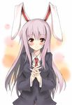  animal_ears blazer blush bunny_ears buttons hands_clasped jacket lavender_hair long_hair looking_at_viewer necktie own_hands_together piromizu purple_hair red_eyes red_neckwear reisen_udongein_inaba smile solo touhou 