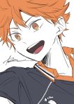  1boy :d absurdres black_shirt brown_eyes collared_shirt haikyuu!! highres hinata_shouyou karasuno_volleyball_uniform male_focus multicolored_shirt open_mouth orange_hair portrait r1kuuw shirt short_hair short_sleeves signature simple_background smile solo sportswear teeth volleyball_uniform white_background 