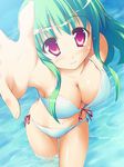  artist_request bikini breasts cleavage foreshortening green_hair hands large_breasts long_hair midriff navel non-web_source original outstretched_arm outstretched_hand pink_eyes reaching red_eyes side-tie_bikini smile solo source_request swimsuit wading water wet 