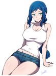  1girl arm_support artist_name bare_arms bare_shoulders batta_16-sei blue_hair blush_stickers breasts closed_mouth collarbone commentary_request covered_navel cowboy_shot denim denim_shorts green_eyes gundam gundam_build_fighters highres iori_rinko large_breasts long_hair looking_at_viewer midriff_peek short_shorts shorts simple_background sitting smile solo split_mouth tank_top white_background white_tank_top 