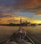  2girls aria boat camera cityscape cloud evokid flower hat highres mizunashi_akari multiple_girls pink_hair scenery sky sunset venezia watercraft 