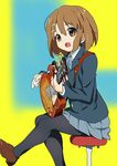  brown_eyes brown_hair guitar hirasawa_yui instrument k-on! kawasaki_kazuhiko pantyhose school_uniform short_hair skirt solo 