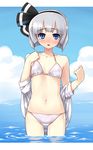  adjusting_clothes adjusting_swimsuit bikini black_hairband blue_eyes blush bob_cut day flat_chest gengorou hairband konpaku_youmu navel open_clothes open_shirt shirt short_hair silver_hair sleeves_rolled_up solo swimsuit touhou undressing wading water 