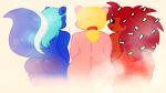 2023 anthro big_tail black_eyes blonde_hair blue_body blue_hair blush blushing_butt butt butt_dimples chipmunk dandruff eulipotyphlan female flaky_(htf) giggles_(htf) ground_squirrel group hair happy_tree_friends hedgehog long_hair looking_back mammal mephitid petunia_(htf) pink_body ponytail red_body red_hair robbiewallace rodent sciurid shy simple_background skunk steam tail trio