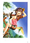  animal_costume artbook bicycle bike_shorts breasts cloud day frog_costume gloves ground_vehicle happoubi_jin helmet highres ishibashi_tsubame jacket medium_breasts open_clothes open_jacket purple_hair red_eyes scan separate_blue sky solo 