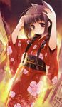  braid brown_eyes brown_hair copyright_request festival japanese_clothes kimono koin_(foxmark) mask red_kimono solo twintails yukata 