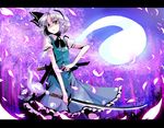  black_hairband blue_eyes bob_cut face glowing hairband hitodama katana konpaku_youmu konpaku_youmu_(ghost) kumadano letterboxed petals purple serious silver_hair solo sword touhou weapon 