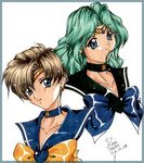  aqua_hair bishoujo_senshi_sailor_moon brown_hair kaiou_michiru long_hair lowres profile sailor_fuku sailor_neptune sailor_uranus school_uniform seifuku serafuku short_hair ten'ou_haruka tenou_haruka 