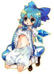  bad_id bad_pixiv_id bloomers blue_eyes blue_hair bow child cirno hair_bow midriff mitsubachi_koucha navel short_hair skirt skirt_lift solo touhou underwear wings 