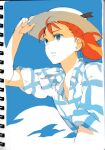  1girl ahn_dongshik arm_out_of_frame blue_eyes blue_shirt blue_sky boater_hat cloud earrings fio_piccolo grid_print hand_on_headwear hat hat_ribbon jewelry kurenai_no_buta long_hair looking_to_the_side orange_hair photo_(medium) ponytail ribbon shirt sky sleeves_rolled_up solo spiral_notebook teeth traditional_media two-tone_shirt upper_body white_hat white_shirt 