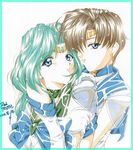  2girls aqua_hair bishoujo_senshi_sailor_moon brown_hair choker cuddle cuddling embrace hug kaiou_michiru long_hair lowres multiple_girls sailor_neptune sailor_uranus short_hair ten'ou_haruka tenou_haruka 