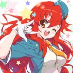  \m/ garrison_cap gloves hat idol long_hair lowres macross macross_frontier necktie oekaki one_eye_closed pandaki_(aki) parody pieces_of_sweet_stars red_hair seikan_hikou smile solo star tengen_toppa_gurren_lagann yellow_eyes yoko_littner 