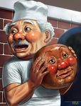  anpanman anpanman_(character) bald ball blush brown_eyes chef_hat facial_hair hat jam_ojisan male_focus matataku mustache realistic solo what white_hair 