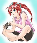  akaho_sakura barefoot bike_shorts blue_eyes copyright_request hair_ribbon long_hair lowres playing_games ponytail red_hair ribbon solo video_game 