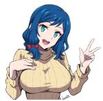  1girl artist_name batta_16-sei blue_hair breasts commentary_request green_eyes gundam gundam_build_fighters hair_ribbon hand_on_own_chest head_tilt highres iori_rinko large_breasts long_hair long_sleeves medium_hair open_mouth red_ribbon ribbon simple_background smile solo sweater teeth upper_body upper_teeth_only w white_background yellow_sweater 
