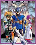  1girl 2boys 90s ankle_boots back-to-back bangs belt belt_buckle belt_pouch blonde_hair blue_eyes bodysuit boots border buckle cape curly_hair demon dragon dragon_quest dragon_quest_ii fantasy frown full_body gem gloves goggles goggles_on_headwear head_wings holding holding_weapon hood horns light_smile long_hair long_sleeves looking_at_viewer looking_back monster multiple_boys official_art open_mouth parted_bangs pinky_out pouch prince_of_lorasia prince_of_samantoria princess_of_moonbrook rapier red_eyes robe scabbard scales scepter serious sheath shield short_hair sidoh smile spiked_hair staff standing sword tabard teeth toriyama_akira traditional_media tunic turtleneck weapon yellow_sclera 