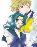  2girls aqua_hair bishoujo_senshi_sailor_moon blond_hair blonde_hair blue_eyes embrace gloves green_eyes hug kaiou_michiru long_hair multiple_girls sailor_fuku sailor_neptune sailor_uranus school_uniform seifuku serafuku short_hair ten'ou_haruka tenou_haruka tiara yuri 