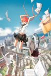  bag book cityscape cloud day falling flying_paper highres jumping midair orange_hair original paper red_hair scenery school_uniform selina short_hair skirt sky socks twintails 