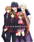  4boys absurdres bad_id bad_pixiv_id bow grin height_difference highres inohara_masato japanese_clothes kanon_(kn) little_busters! miyazawa_kengo multiple_boys naoe_riki natsume_kyousuke natsume_rin pink_bow school_uniform smile thighhighs 