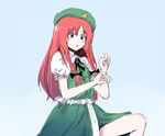  :o beret blue_eyes china_dress chinese_clothes dress green_dress hat hong_meiling long_hair maiku parted_lips puffy_short_sleeves puffy_sleeves red_hair short_sleeves sidelocks solo star touhou 