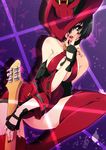  bare_shoulders black_hair blue_eyes boots breast_squeeze breasts fingerless_gloves gloves guilty_gear guitar hat i-no instrument large_breasts lipstick makeup mole mole_above_mouth nail_polish pandaki_(aki) red_hat red_nails red_skirt short_hair skirt solo thigh_boots thighhighs witch_hat 
