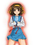  blue_skirt brown_eyes brown_hair crossed_arms hida_tatsuo kita_high_school_uniform looking_at_viewer sailor_collar school_uniform serafuku short_hair simple_background skirt solo suzumiya_haruhi suzumiya_haruhi_no_yuuutsu white_background 