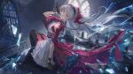  1girl biting biting_glove black_footwear black_gloves boots bow carlotta_(wuthering_waves) dress earrings ergouzi_echo floating_hair gem gloves grey_hair hair_bow hairband highres jewelry long_hair long_sleeves looking_at_viewer pink_thighhighs red_gemstone sitting solo thigh_boots thighhighs very_long_hair white_dress wuthering_waves 