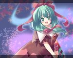  blush front_ponytail green_eyes green_hair hair_ribbon kagiyama_hina kibushi looking_at_viewer own_hands_together puffy_short_sleeves puffy_sleeves red_ribbon ribbon shawl short_sleeves solo tareme touhou v_arms wrist_cuffs 