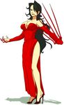  black_hair breasts cleavage dress fullmetal_alchemist gloves hair_over_one_eye high_heels large_breasts lipstick long_hair lust makeup red_dress rokka_(gipsyroad) shoes side_slit solo thighs wavy_hair 