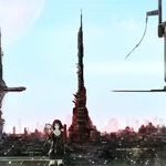  aoki_tsubame bad_id bad_pixiv_id black_eyes black_hair city cityscape copyright_request moon skirt sky solo tower 
