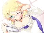  :&gt; adjusting_hair aqua_eyes blonde_hair blush book breasts cleavage earrings glasses jewelry large_breasts long_hair mabinogi naughty_face necklace one_eye_closed petenshi_(dr._vermilion) solo teasing 