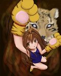  aisaka_taiga brown_eyes brown_hair gyo_(independant) leopard long_hair one-piece_swimsuit paws slippers solo swimsuit tiger_paws toradora! 