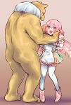  1boy 1girl ass boots clothed_female_nude_male commentary_request dress eye_contact fuwa_uneuchi gradient_background hair_between_eyes hands_on_another's_head hands_up height_difference highres holding holding_poke_ball hypno knees long_hair looking_at_another looking_up nervous_smile nude open_mouth pantyhose pink_eyes pink_footwear pink_hair pink_shorts poke_ball poke_ball_(basic) pokemon pokemon_(creature) short_sleeves shorts smile standing sweat white_dress white_pantyhose wrist_cuffs 