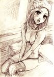  bed blush bra breasts cleavage copyright_request hat large_breasts lingerie monochrome panties pino_(birthdayparty) sepia sitting solo thighhighs underwear underwear_only 