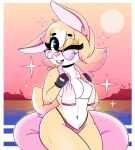 2025 absurd_res anthro beach big_breasts bikini bikini_bottom blue_eyes breasts buckteeth chest_tuft clothing crotch_tuft eyebrows eyelashes eyewear female fingerless_gloves fur gloves hair handwear hi_res inflatable inner_tube lagomorph leporid mammal maryx_(senorkah) navel one_eye_closed open_mouth rabbit solo sparkles sunglasses swimwear tan_body tan_fur teeth thick_thighs towel towel_around_neck tuft two-piece_swimsuit white_body white_fur wide_hips wink wireless_shiba