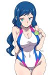  1girl aqua_eyes arm_behind_back artist_name batta_16-sei blue_hair breasts cleavage closed_mouth collarbone commentary_request covered_navel cowboy_shot gundam gundam_build_fighters hand_up haro highres holding iori_rinko large_breasts long_hair one-piece_swimsuit simple_background smile solo standing swimsuit white_background white_one-piece_swimsuit 