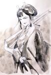  1girl abstract_background ahn_dongshik bow eboshi eyeshadow fingernails greyscale gun hair_bow hair_floating_upwards highres holding holding_gun holding_weapon japanese_clothes kimono kimono_pull light_smile lipstick looking_at_viewer makeup monochrome mononoke_hime narrowed_eyes nihongami over_shoulder sidelocks smile solo topknot traditional_media upper_body weapon weapon_over_shoulder 