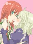  bad_id bad_pixiv_id blonde_hair blush braid green_eyes hong_meiling imminent_kiss izayoi_sakuya long_hair maid mitsuko multiple_girls red_hair short_hair tongue touhou twin_braids yuri 