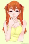  blue_eyes breasts cleavage dress face finger_to_mouth hair_ornament hairclip hands kari_(kakko_k) large_breasts long_hair neon_genesis_evangelion orange_hair rebuild_of_evangelion shikinami_asuka_langley solo souryuu_asuka_langley upper_body yellow_dress 