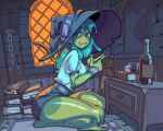  1girl alcohol aqua_shirt belt blue_hat blue_shorts blush book book_stack bookmark bottle bracelet broom chain chest_of_drawers colored_skin commentary cuffs cup double_finger_gun drinking_glass earrings english_commentary eyes_visible_through_hair finger_gun full_body green_hair green_skin hair_over_one_eye hat hat_belt highres index_fingers_together indoors istarling jewelry kneeling krita_(medium) long_hair looking_at_viewer monster_girl on_floor orange_light original puffy_short_sleeves puffy_sleeves red_eyes ring rug saliva shackles shirt short_shorts short_sleeves shorts slime_girl slime_hair solo stone_floor stone_wall window wine wine_bottle wine_glass witch_hat 