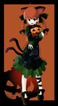  :d animal_ears asymmetrical_legwear black_border border braid character_name copyright_name dress holding jack-o'-lantern kaenbyou_rin open_mouth orange_background pumpkin red_hair satomura_kyou smile solo tail touhou twin_braids 