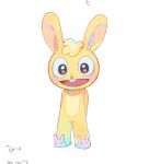anthro big_head blonde_hair blush blush_stickers brown_eyes buckteeth bunny_slippers clothing countershading cuddles_(htf) curled_hair featureless_crotch footwear fur hair hands_behind_back happy happy_tree_friends head_tuft heart_nose heart_symbol lagomorph leporid looking_at_viewer male mammal open_mouth pink_inner_ear rabbit rabbit_ears rosy_cheeks shoes simple_background slippers slippers_only smile solo standing teeth tuft white_background x-zeeko-x yellow_body yellow_fur