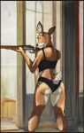  0l-fox-l0 absurd_res anthro assassin bra brown_body brown_fur butt clothing deer female fur gun hi_res inside lingerie mammal markings panties ranged_weapon rifle slim solo spots spotted_body spotted_fur tail underwear weapon window yellow_eyes 