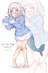  1girl bare_legs barefoot blue_hair blue_hoodie blunt_bangs closed_eyes english_commentary fins fish_tail full_body gawr_gura gawr_gura_(1st_costume) grey_hair highres hololive hololive_english hood hood_down hooded_sweater hoodie long_hair long_sleeves ma_draws multicolored_hair open_mouth shark_girl shark_tail simple_background sleeves_past_fingers sleeves_past_wrists standing streaked_hair sweater tail trembling twitter_strip_game virtual_youtuber white_background zoom_layer 