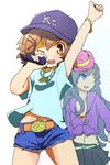  akiyama_mio bad_id bad_pixiv_id baseball_cap belt blue_eyes blue_hair brown_eyes brown_hair denim denim_shorts hat hirasawa_yui jewelry k-on! kamiyama_kenta long_hair microphone multiple_girls necklace shirt short_hair shorts skirt t-shirt watch wristwatch 